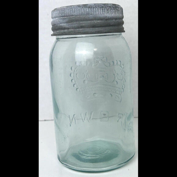 Antique CROWN Quart Aqua Blue Glass Canning Jar Zinc Ring Glass Lid Complete - Picture 5 of 14